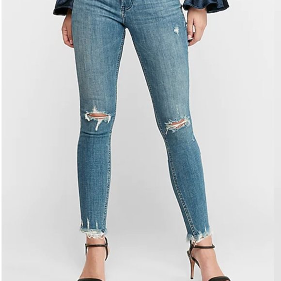 Express Denim - High Waisted Hyper Stretch Ripped Raw Hem Skinny Jeans